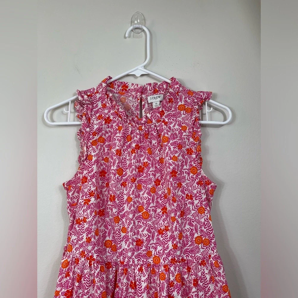 JCrew Floral Print Tiered Ruffle Sleeveless Pink Orange Cotton Dress Sz 0 - Picture 3 of 15